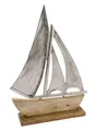 Produktbild: Spetebo Alu Schiff mit Standfuß aus Mangoholz - 40 cm / groß - Aufsteller Segelboot aus Metall und Holz - Maritime Küsten Deko Segelschiff Skulptur Tisch Figur Boot Schiff