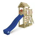 Produktbild: WICKEY Spielturm Klettergerüst JoyFlyer mit Holzdach & Blauer Rutsche, Outdoor Kinder Kletterturm mit Sandkasten, Leiter & Spiel-Zubehör für den Garten