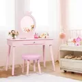 Produktbild: COSTWAY Kinder Schminktisch mit abnehmbarem Spiegel & Hocker, 2 in 1 Make-up Tisch & Schreibtisch, Frisiertisch mit Schublade & Kiefernbeinen 70 x 34