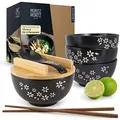 Produktbild: Moritz & Moritz 4x Ramen Schüssel Keramik - 600 ml - 15 cm Ø - Schwarzes Ramen Bowl Set für 4 Personen - Für Suppe, Pho und Sushi Bowl - Inkl. Stäbchen, Deckel und Löffel