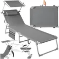 Produktbild: tectake® Sonnenliege klappbar, tragbar, Liege mit Seitentasche, Strandliege, Gartenliege mit Dach, Liegestuhl mit Verstellbarer Rückenlehne, inkl. Kopfkissen - für Balkon, Terrasse, Camping - grau