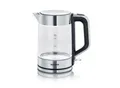 Produktbild: Wasserkocher, 1,7 Liter, 2.200 Watt, Edelstahl/Glas, Dampfstopp‑Automatik, herausnehmbarer Kalkfilter, B 240 x T 140 x H 245 mm, Schwarz/Silber