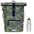Produktbild: Elephant Rucksack Herren Plane Time Bag Kurierrucksack Roll-Top Fahrradrucksack Sport Fitness Damen 23 Liter A4 12821 + Flasche (12824 Cyber Camo Oliv)
