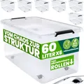 Produktbild: DEUBA® Aufbewahrungsboxen 6 x 60l mit Deckel und Rollen, stapelbar, transparent Kunststoff BPA-frei Klickverschluss, RB60 für Büro, Garage, Wasc... - Transparent