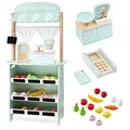 Produktbild: mamabrum Kaufladen Kinder & Theater-Set 2-in-1, Kaufmannsladen Holz - Marktstand mit Waage & Bezahlterminal, 16-teilbares Obst & Gemüse, Vorhang & Kreidetafel - Supermarkt für Kinder (21 Teile)