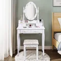 Produktbild: GOPLUS Schminktisch mit LED-Leuchten, Frisiertisch mit Hocker, Kosmetiktisch mit 4 Schubladen, als Schreibtisch mit Abnehmbarem Oberteil, um 360° Drehbarer Spiegel, aus Holz, im Retro-Stil (Weiß)