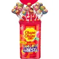 Produktbild: Chupa Chups Best of Lutscher-Dose mit Logo-Aufsatz, enthält 100 Lollis in 7 Geschmacksrichtungen, praktische Pop-Art Aufbewahrungs-Dose, geeignet für Geburtstag, 100 x 12g