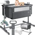 Produktbild: KESSER® Zustellbett Hubi 3in1 Baby Beistellbett Reisebett Babybett mit weich Matratze mit Rollen Kinderbett 5Fach Höhenverstellung Faltbare Seitenwand für Zuhause und Unterwegs + Spanngurt Dunkelgrau