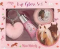 Produktbild: Depesche Schmuckset Miss Melody Lipgloss Set im Pferde Design für Kinder, 2 Glosse, Fruchtige Düfte, inkl. Plüsch Anhänger, Pink