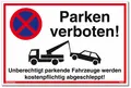 Produktbild: Schild Parken verboten weiß Parkende Fahrzeuge werden abgeschleppt UV-Schutz