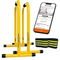 Produktbild: Lebert Fitness Dip Bar Stand – Original Equalizer Total Body Strengthener Pull Up Bar Home Gym Übungsgerät Dipping Station – Hip Resistance Band, Trainingsanleitung und Online Gruppe – gelb
