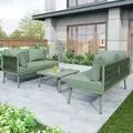 Produktbild: Merax Gartenlounge-Set 3-tlg. Sitzgruppe mit Tisch und Sofa, Polyrattan Gartenmöbel Set mit Eisenrahmen und Kissen, Balkonmöbel für 3-4 personen... - Grün