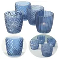 Produktbild: LS-LebenStil 4X Glas Teelichthalter Retro Blau 7cm 4´er Set Kristall Ornament Teelicht-Gläser Windlicht-Halter Kerzenständer Tischdeko Kerzen Deko Kerzenhalter für Teelichter Hochzeit