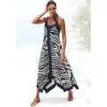Produktbild: Maxikleid LASCANA, Damen, Gr. 34, N-Gr, creme, graublau bedruckt, Single Jersey, Obermaterial: 100% Viskose, animal-print, bedruckt, figurumspielend bodenlang, tiefer V-Ausschnitt, Kleider Maxikleid, mit asymmetrischem Saum, Sommerkleid, Animalprint, modisch