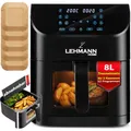 Produktbild: LEHMANN Heißluftfritteuse 8L, Airfryer mit Sichtfenster, Trenneinsatz für 2 Kammern, 12 Programmen, max 200°C, Antihaftbeschichtet, Spülmaschinenfester, Grillen, Backen und Frittieren ohne Fett