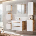 Produktbild: Badezimmer Set 7-tlg in Hochglanz weiß mit Wotan Eiche Nb. LUTON-56 mit LED-Spiegelschrank, B/H/T ca. 180/200/46 cm