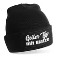 Produktbild: Herzbotschaft Beanie Strickmütze mit Spruch | Geiler Typ mit Glatze | schwarz | Unisex SoftTouch angenehm weiche und warme Wintermütze | OneSize Einheitsgröße für Erwachsene