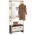 Produktbild: ONVAYA® Bambus Garderobenständer mit Spiegel ǀ Beige ǀ Garderobe inklusive Kleiderstange, Haken, Aufbewahrungsboxen und Sitzbank ǀ zwei moderne Farbvarianten ǀ Garderobenschrank mit Spiegel