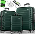 Produktbild: tillvex® Reisekoffer Set 3-TLG. + Gepäckwaage, 6X Koffergurte & 3X Kofferanhänger | Kofferset 4 Rollen | Trolley Gepäck Koffer TSA Schloss | Rollkoffer Hartschalenkofferset S-M-L-XL (Armeegrün)