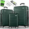 Produktbild: tillvex® Reisekoffer Set 3-TLG. + Gepäckwaage, 6X Koffergurte & 3X Kofferanhänger | Kofferset 4 Rollen | Trolley Gepäck Koffer TSA Schloss | Rollkoffer Hartschalenkofferset M-L-XL (Armeegrün)