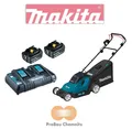Produktbild: Makita DLM432PT2 Akku Rasenmäher 2x18V + 2 Akkus 5,0Ah BL1850B + DC18RD, DLM432