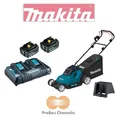 Produktbild: Makita Akku Rasenmäher 2x18V DLM432PT2 + 2 Akkus BL1850B + DC18RD, mit Mulchkeil