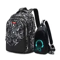 Produktbild: Asge Schulrucksack Jungen Teenager Nylon Groß Schultaschen Mädchen Ranzen Kinder Rucksäcke Druck Schulranzen für 8-16 Jahre School Bags for Boys Wasserdicht Schulranzen