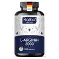 Produktbild: L-Arginin Kapseln Hochdosiert - 365 Vegane Kapseln - 6000 mg pflanzliches L Arginin HCl pro Tagesdosis (davon 4976 mg rein) - Ohne Zusatzstoffe & Laborgeprüft - Raibu