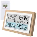 Produktbild: infactory Thermometer Funk: Funk-Wetterstation im Echtholz-Rahmen, Wettervorhersage, Uhr, Wecker (Wetterstation mit Vorhersage, mit Außensensor, Uhren)