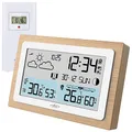 Produktbild: infactory Funkuhr: Funk-Wetterstation im Echtholz-Rahmen, Wettervorhersage, Uhr, Wecker (Wetterstation mit Außensensor, & Thermometer, Digitale Wanduhr)