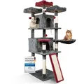 Produktbild: Foxdevil by xonic® Stabiler Kratzbaum für Katzen [165 cm] - Großer Katzenkratzbaum mit 3 Aussichtsplattformen, Liegemulde, 2 Kuschelhöhlen, 3 S... - Grau/Rot