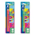 Produktbild: STAEDTLER dicke dreieckige Bleistifte Noris jumbo Happy in farbenfroher Streifung, hohe Bruchfestigkeit, Härtegrad 2B, 2 Bleistifte in Kartonhängekarte, 119 BK2 HA