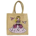 Produktbild: Domelo Kinder Handtasche vegane Jute Schultertasche kleine Mädchenhandtasche Jutetasche bedrückte Korb Mädchen Tragetasche Süße Kleinkinder Kindertasche Jutebeutel als Coole Geschenk (Prinzessi)