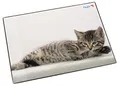 Produktbild: Läufer 46592 Schreibtischunterlage Katze grau, 53x40 cm, rutschfeste Schreibunterlage für Kinder, mit transparenter Seitentasche