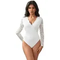 Produktbild: Lau-Fashion Body Langarm Spitze Bodysuits Weiß Unterwäsche Blumen Reizwäsche S/XL L/XL