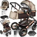 Produktbild: Kiduku Kinderwagen Komplettset, Kombikinderwagen Set inkl. Babywanne Buggy Auto-Babyschale Fußsack, Voll-Gummireifen Wickeltasche Regenschutz Kind... - Braun