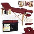 Produktbild: MASSUNDA Mobile Massageliege aus Vollholz – klappbarer 3-Zonen Massagetisch inkl. Zubehör – ideal für Massage, Kosmetik & Tattoo - Burgunder-Rot