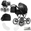 Produktbild: Bergsteiger Venedig Nostalgie Kombikinderwagen 2-in-1 ohne Babyschale – Babywanne & Sportsitz, Luftreifen, Federung, höhenverstellbarer Griff, faltbar, Zubehör