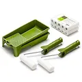Produktbild: Colorus Lackierset 10 x Schaumwalze 11 cm fein gerade | 2 x Farbroller Bügel | 2 x Farbwanne | Malerset Lackierwalzen Lackierrolle Schaumstoff Rollen | Bügel Farbrollen Set klein| Lackwanne Set