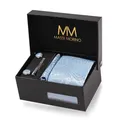 Produktbild: Massi Morino Krawatte Paisley Hellblau mit Einstecktuch Set Herren inkl. Manschettenknöpfe, Krawattennadel und Geschenkbox | Männer Krawattenset zur Hochzeit