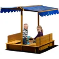 Produktbild: dobar® Sandkasten mit schwenkbarem Dach | Kinder-Sandkasten aus Holz | Sitzbänke | Sandbox inkl. Bodenplane | Verschließbare Sandkiste | 112 x 112 x 112 cm | Blau
