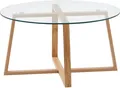 Produktbild: WOHNLING Couchtisch 78x78x41 cm Sofatisch Eiche Massivholz / Glas Rund Wohnzimmertisch Modern Holztisch Stubentisch Groß Kaffeetisch Tisch Wohnzimmer