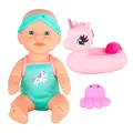 Produktbild: Dream Collection Badepuppe mit Puppenzubehör im Einhorn-Badeanzug, Oktopus-Spielzeug und Handtuch - Wasserfeste Babypuppe 30cm – Beweglich, Weicher Körper - Puppe ab 2 Jahren