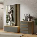Produktbild: Lomadox Garderoben Set Kommode und Garderobe mit Bank Paneel Spiegel Eiche Graphit Lamellen-Design