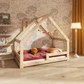 Produktbild: Need Sleep Kinderbett Haus Hausbett Bodentief 70x140 cm mit Rausfallschutz Schornstein Lattenrost Bodenbett Montessori Bett ab 2 Jahre aus Holz Mädchen Junge Symmetrisch