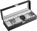 Produktbild: ProCase Uhrenbox 6 Fächer Glasdeckel PU Leder Uhrenkoffer Watch Box Schwarz