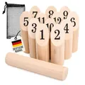 Produktbild: WELLGRO finnisches Wurfspiel 14-TLG. - für 2-8 Spieler, massiv Holz, Wikingerspiel inkl. Spielanleitung und Netzbeutel - Wikingerkegeln Nummernkubb