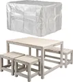 Produktbild: WONDERMAKE® Design Kindersitzgruppe Outdoor Garten Holz mit Abdeckung Kinder-Sitzgarnitur Indoor Picknick-Gruppe ab 3 Jahre Gartenmöbel-Set grau beige