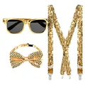 Produktbild: Boland - Party Accessoires im Set, 3-teilig, Brille, Fliege und Hosenträger, glänzende Pailletten, Kostüm-Zubehör, Karneval, Silvester, Mottoparty, Gold