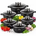 Produktbild: 12-Tlg Marmor Töpfset Mit Glasdeckel Kochtopf-Set Marmorbeschichtung - Schwarz